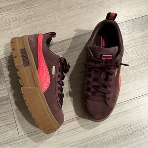 Puma Maroon Suede Sneakers with Pink Stripe and Gum Sole